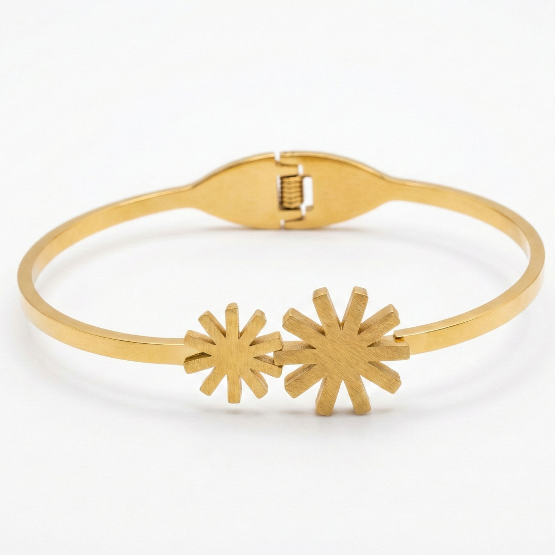 Twin Starburst Gold Cuff Bracelet | Modern Geometric Bangle | Vaiga Jewels