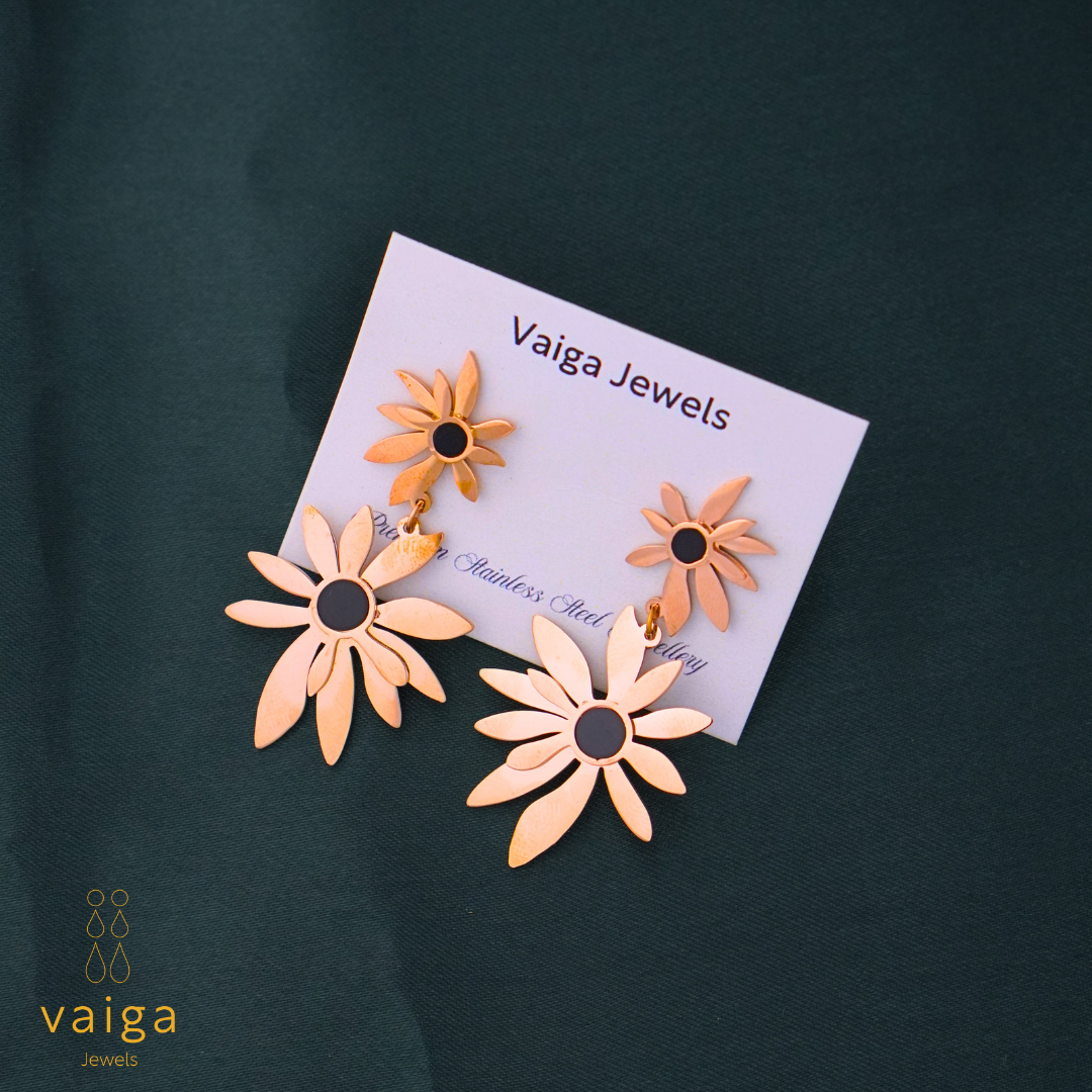 Rose Gold Floral Dangle Earrings – Elegant Stainless Steel Sunflower Drop Earrings for Women