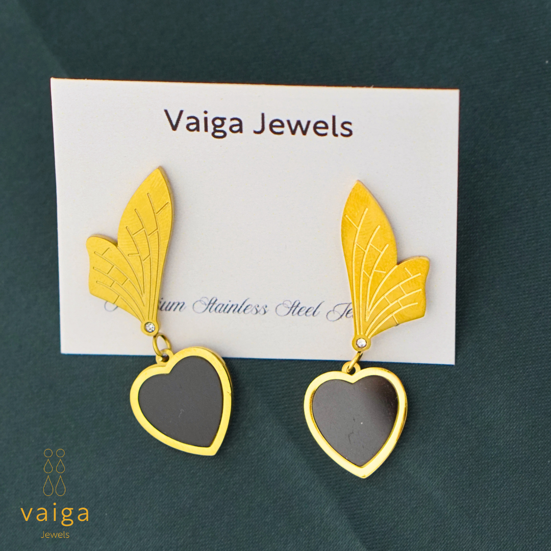 Gold & Black Heart Dangle Earrings – Elegant Stainless Steel Wing Drop Earrings for Women