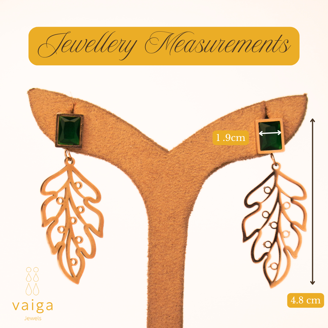 Gold Plated Leaf Drop Earrings with Green Stone – Elegant Lightweight Dangle Earrings for Women