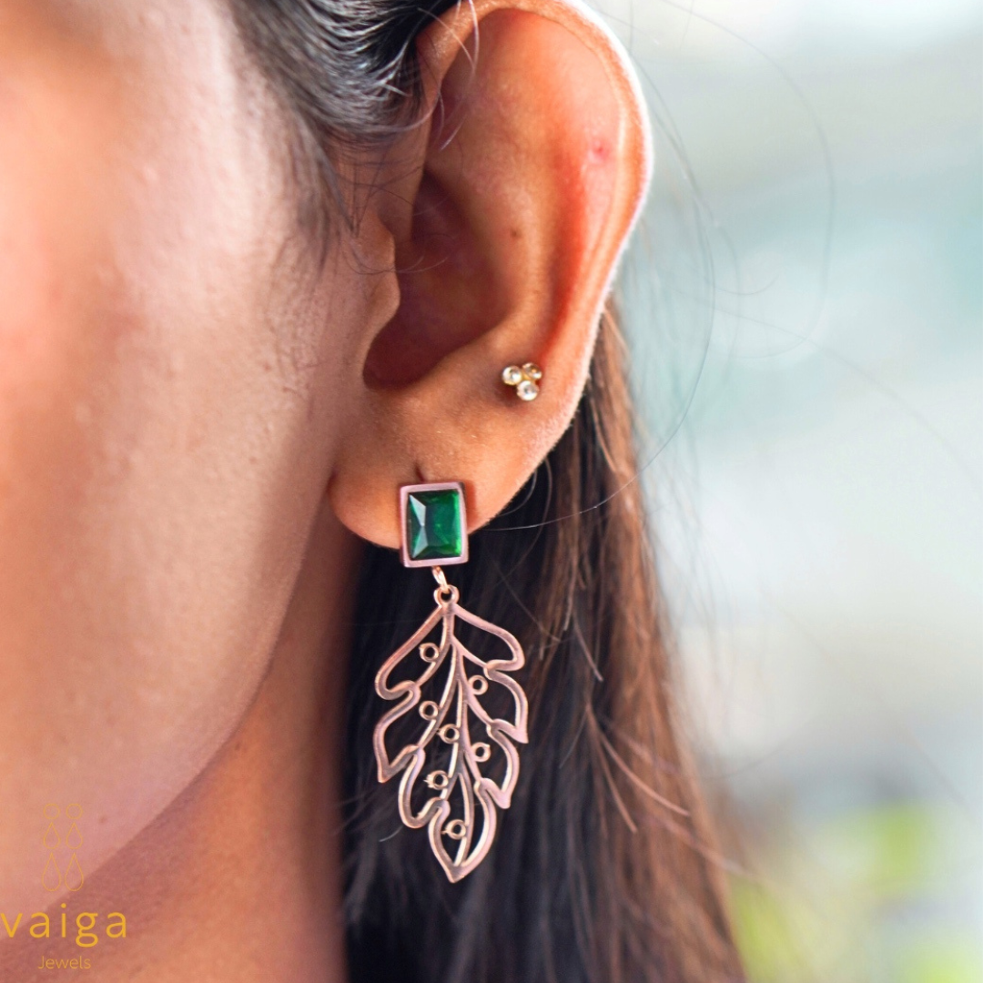 Gold Plated Leaf Drop Earrings with Green Stone – Elegant Lightweight Dangle Earrings for Women