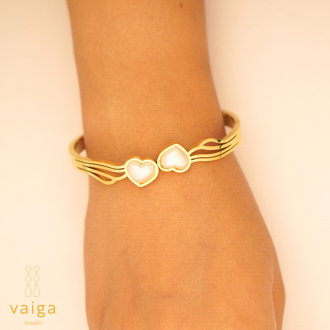 Gold-Tone Anti-Tarnish Bangle Bracelet with Pearl Heart Accent