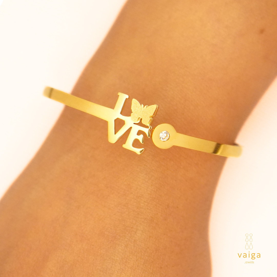 "LOVE" Butterfly Charm Gold-Toned Stainless Steel Bracelet