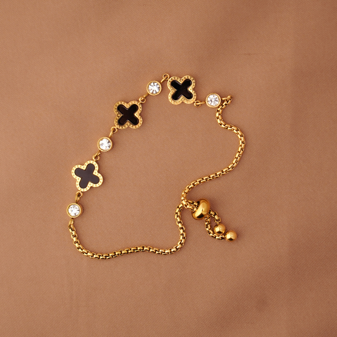 Vaiga Jewels: Gold & Black Clover Charm Bracelet | Adjustable Everyday Style