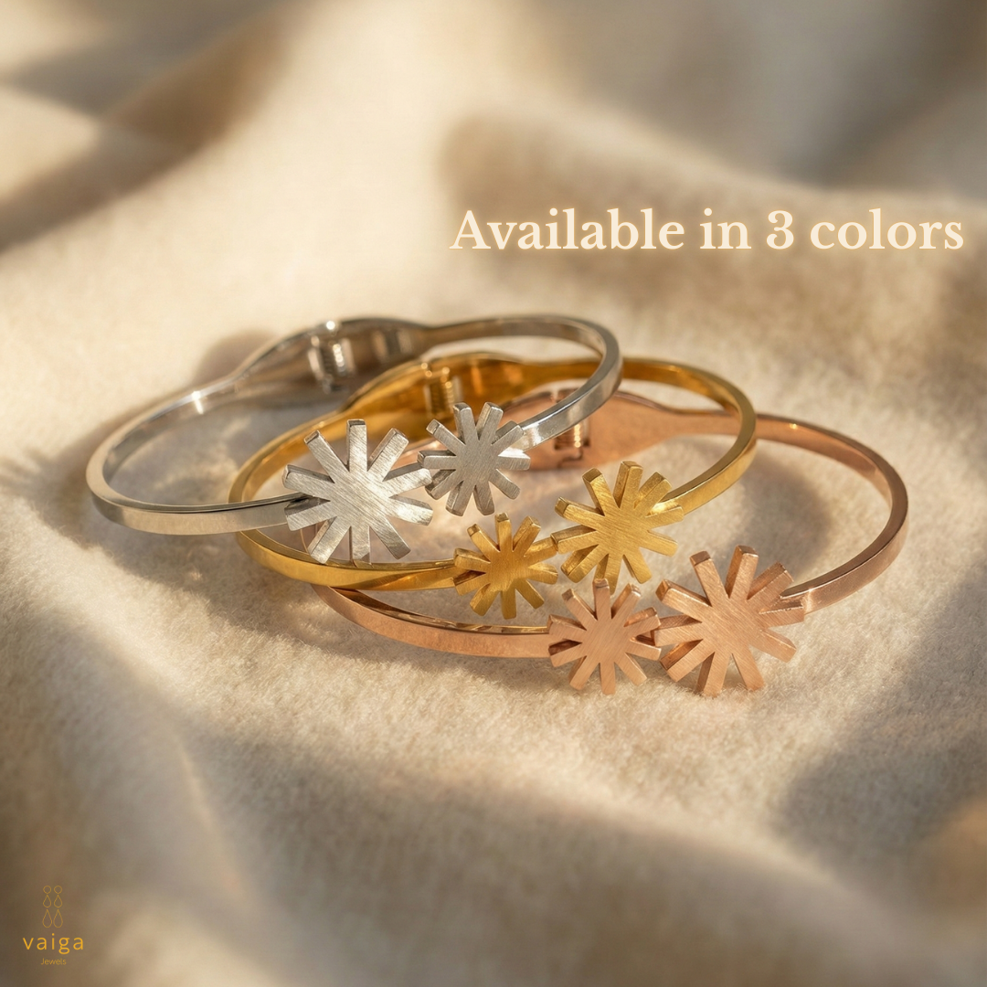 Twin Starburst Gold Cuff Bracelet | Modern Geometric Bangle | Vaiga Jewels