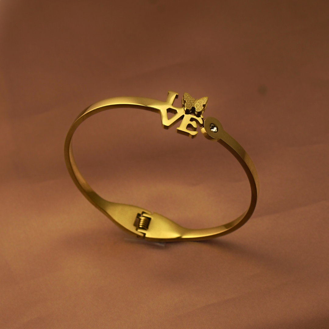 "LOVE" Butterfly Charm Gold-Toned Stainless Steel Bracelet