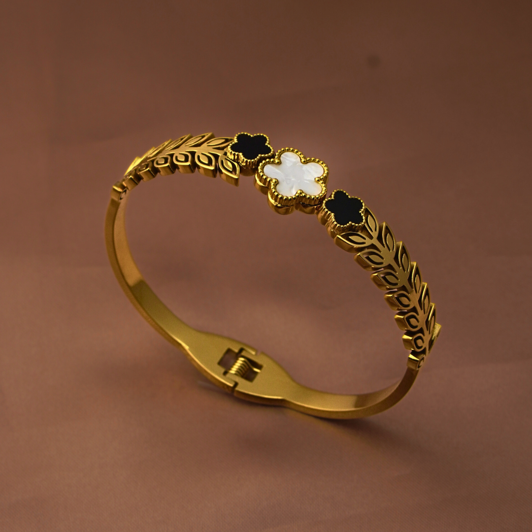 Vaiga Jewels Women's Gold-Plated Clover Bangle Bracelet | Elegant Black & White Floral Design | Leaf Pattern Jewelry for Women