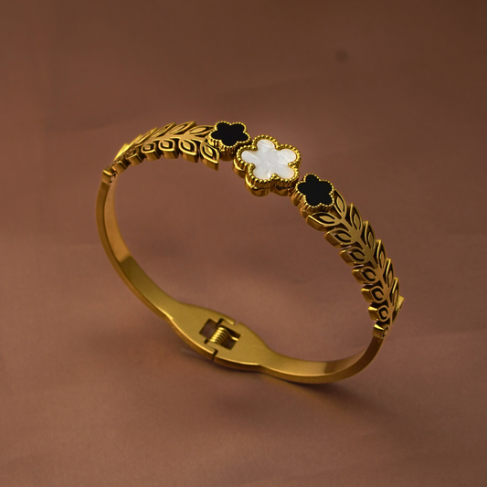 Vaiga Jewels Women's Gold-Plated Clover Bangle Bracelet | Elegant Black & White Floral Design | Leaf Pattern Jewelry for Women
