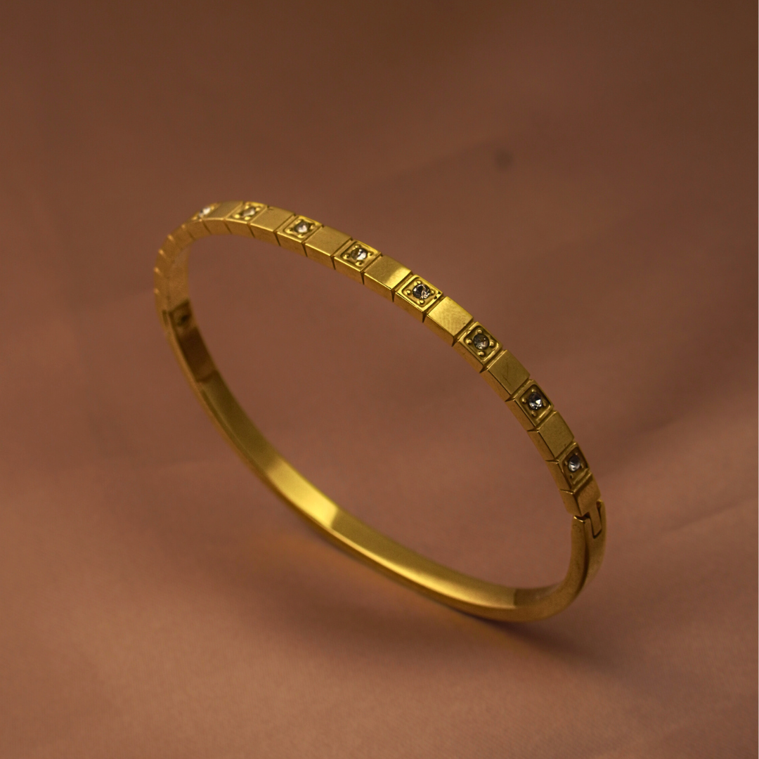 Vaiga Jewels Geometric Gold-Toned Stainless Steel Bracelet with Crystal Accents for Women
