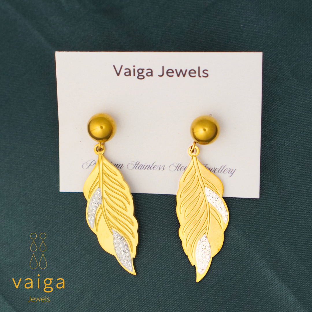 Gold Plated Leaf Drop Earrings with Crystal Accents – Vaiga Jewels