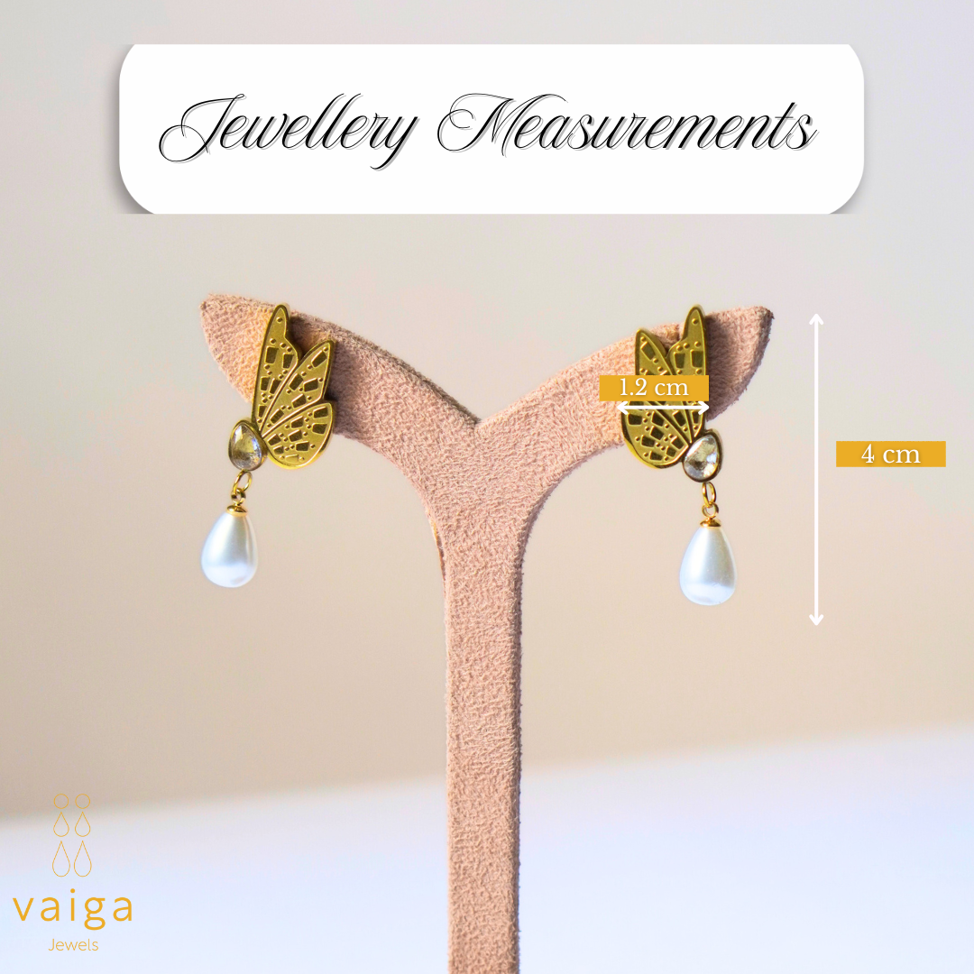 Elegant Butterfly Drop Earrings | Gold-Plated with Pearl & Crystal – Vaiga Jewels