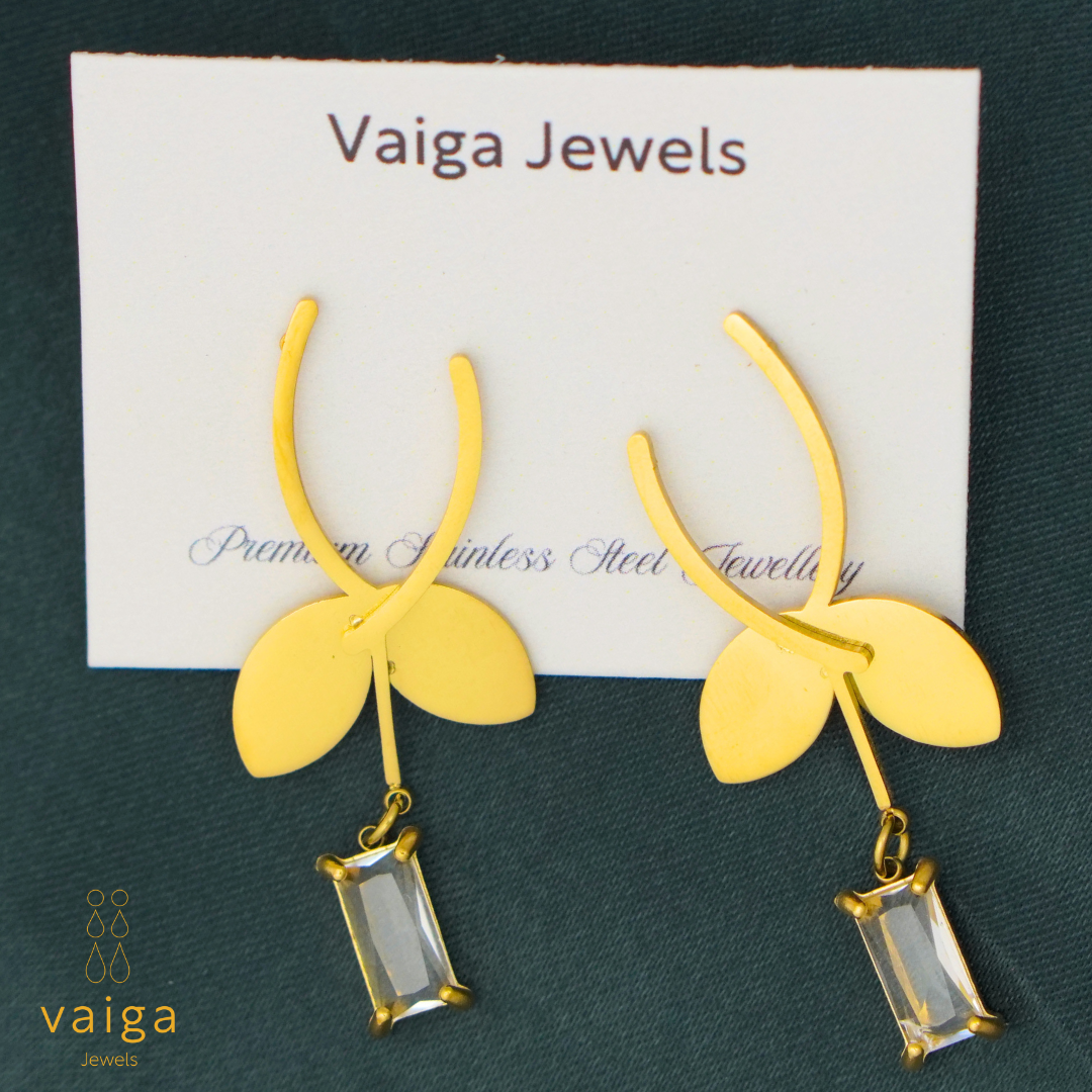 Gold Plated Leaf Drop Earrings with Crystal Charm – Elegant Lightweight Dangle Earrings for Women
