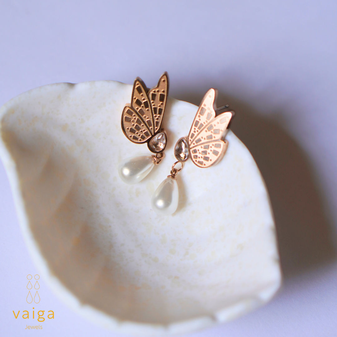 Rose Gold Butterfly Wing Earrings with Pearl Drop – Vaiga Jewels
