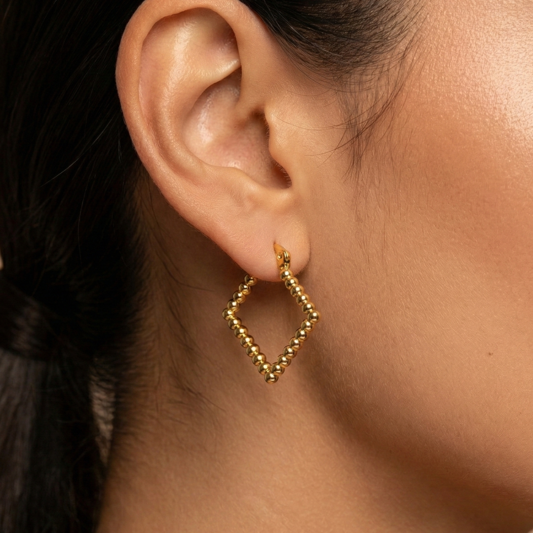 Golden Beaded Square Hoop Earrings