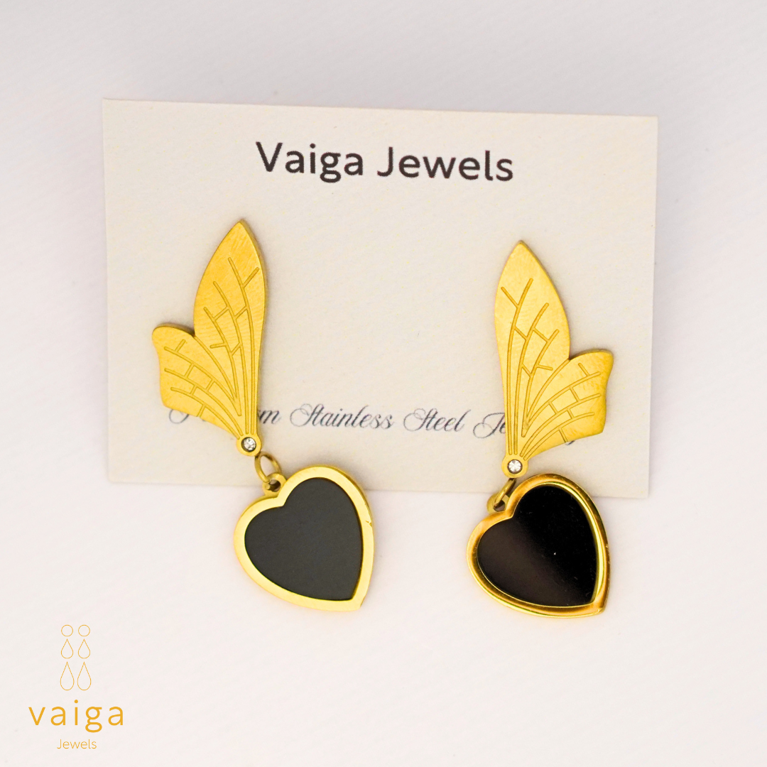 Gold & Black Heart Dangle Earrings – Elegant Stainless Steel Wing Drop Earrings for Women
