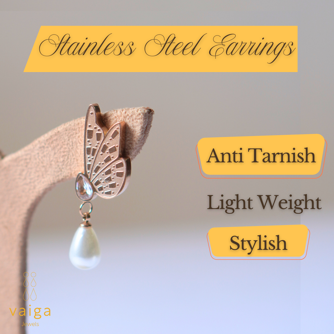 Rose Gold Butterfly Wing Earrings with Pearl Drop – Vaiga Jewels