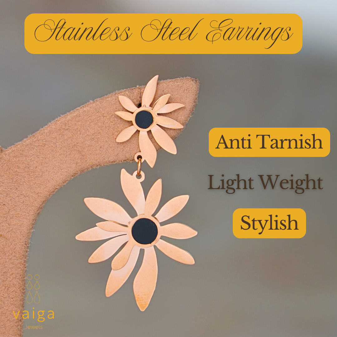 Rose Gold Floral Dangle Earrings – Elegant Stainless Steel Sunflower Drop Earrings for Women