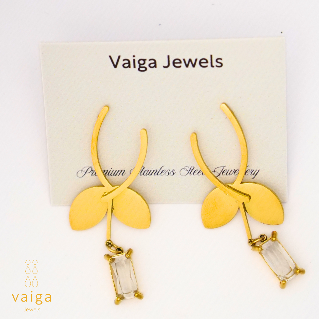 Gold Plated Leaf Drop Earrings with Crystal Charm – Elegant Lightweight Dangle Earrings for Women