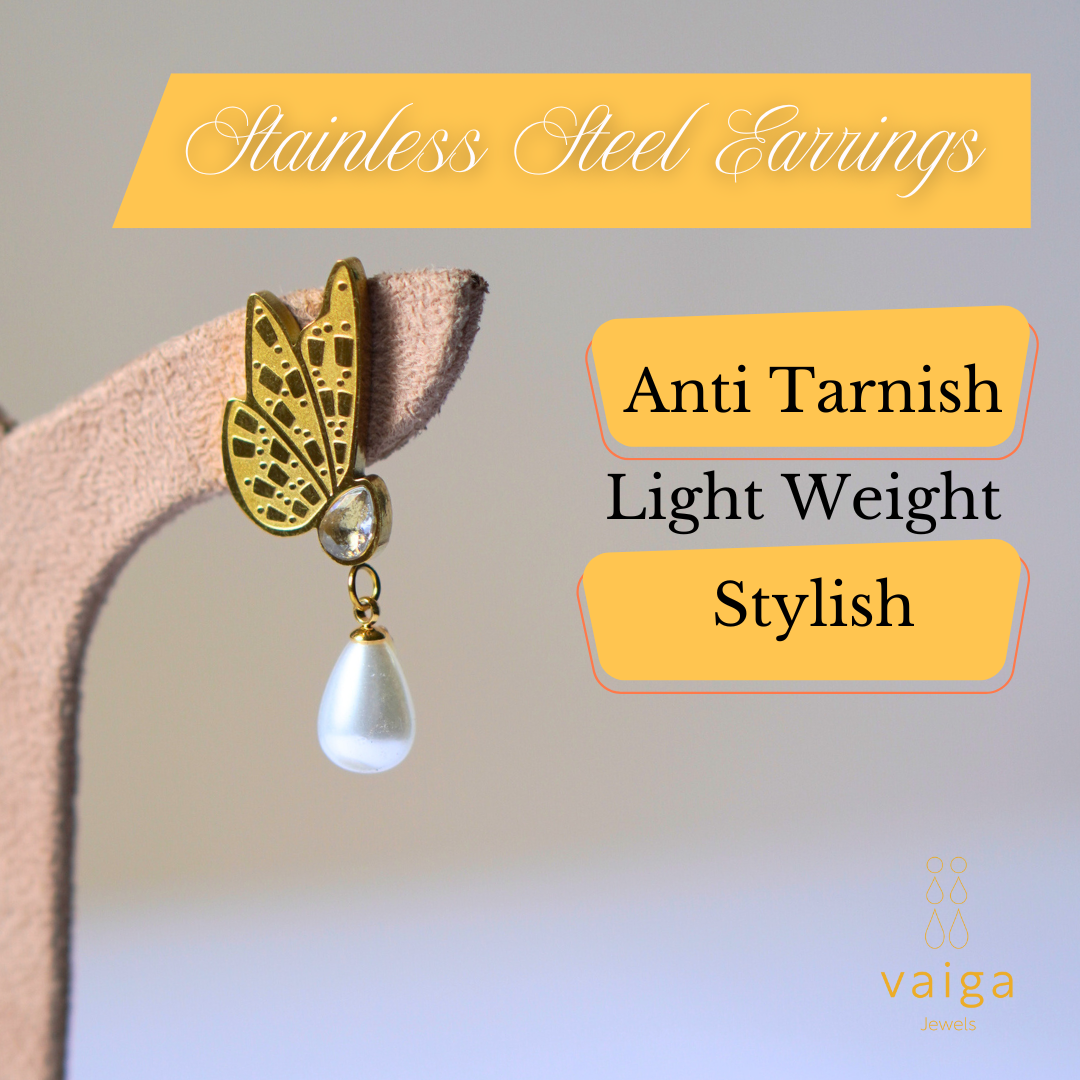 Elegant Butterfly Drop Earrings | Gold-Plated with Pearl & Crystal – Vaiga Jewels