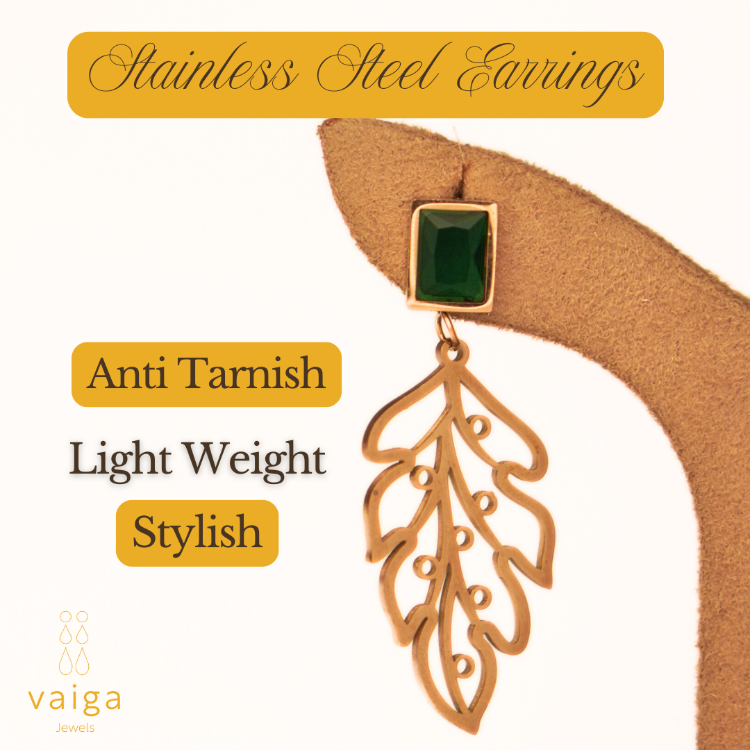 Gold Plated Leaf Drop Earrings with Green Stone – Elegant Lightweight Dangle Earrings for Women