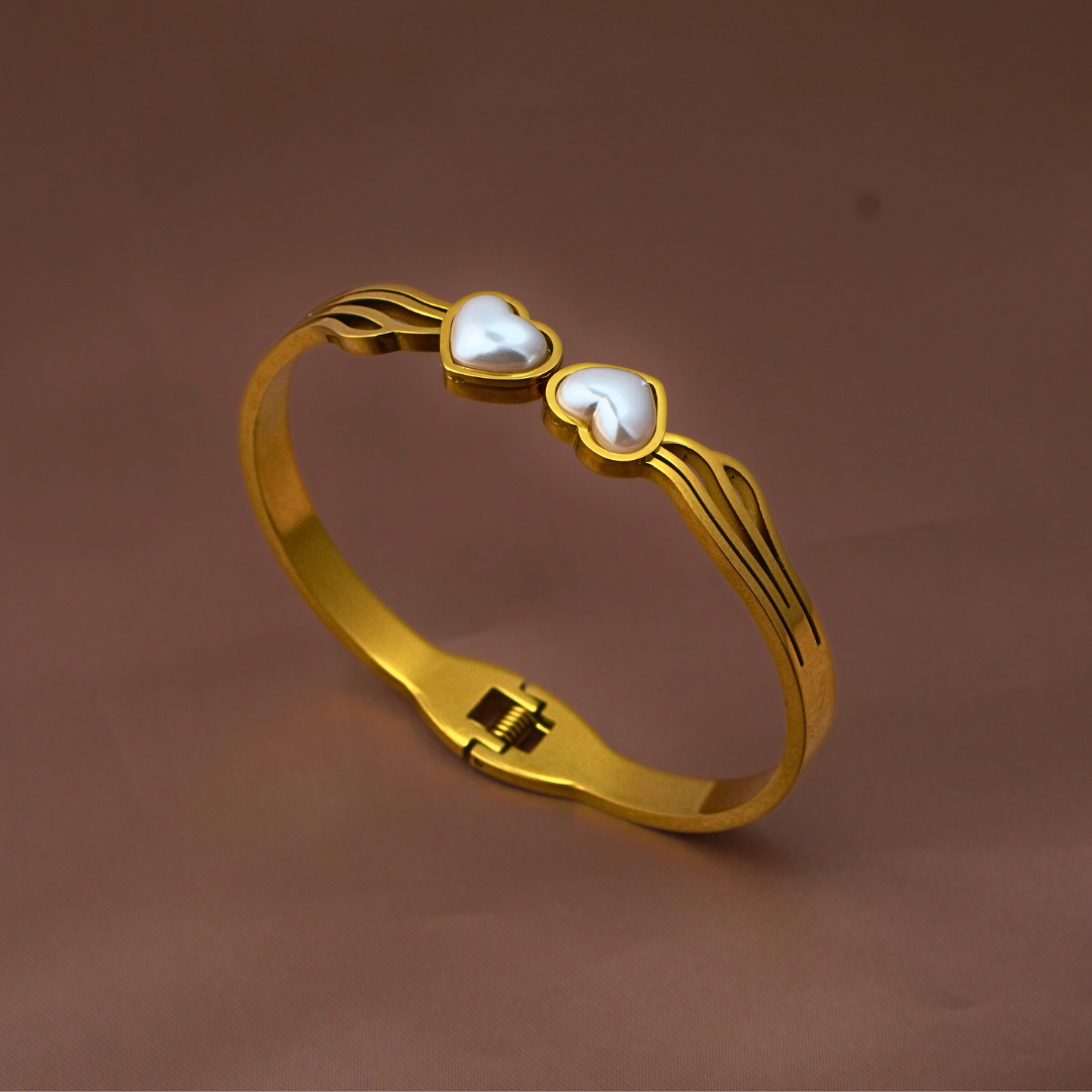 Gold-Tone Anti-Tarnish Bangle Bracelet with Pearl Heart Accent