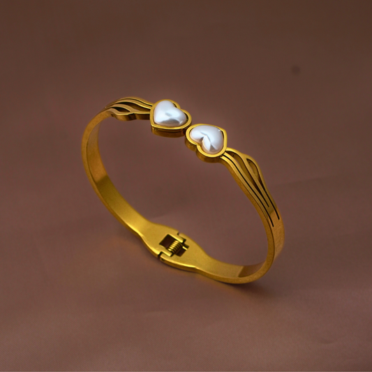 Gold-Tone Anti-Tarnish Bangle Bracelet with Pearl Heart Accent