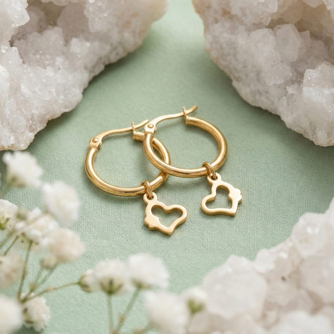 Golden Heart Charm Hoops