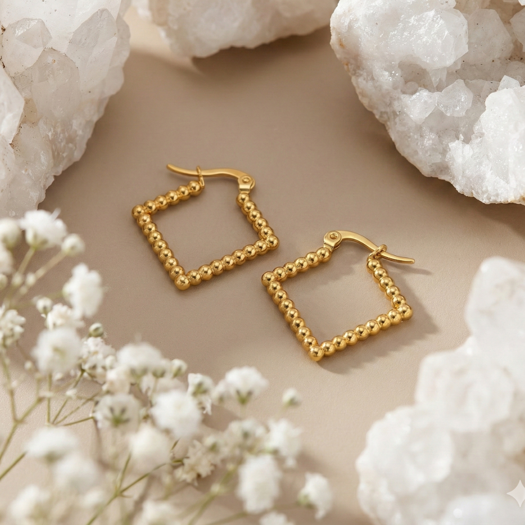 Golden Beaded Square Hoop Earrings