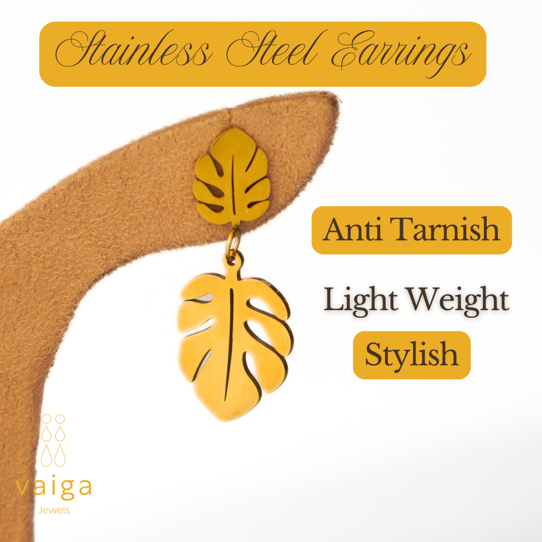 Gold Monstera Leaf Dangle Earrings – Trendy Stainless Steel Tropical Earrings for Women