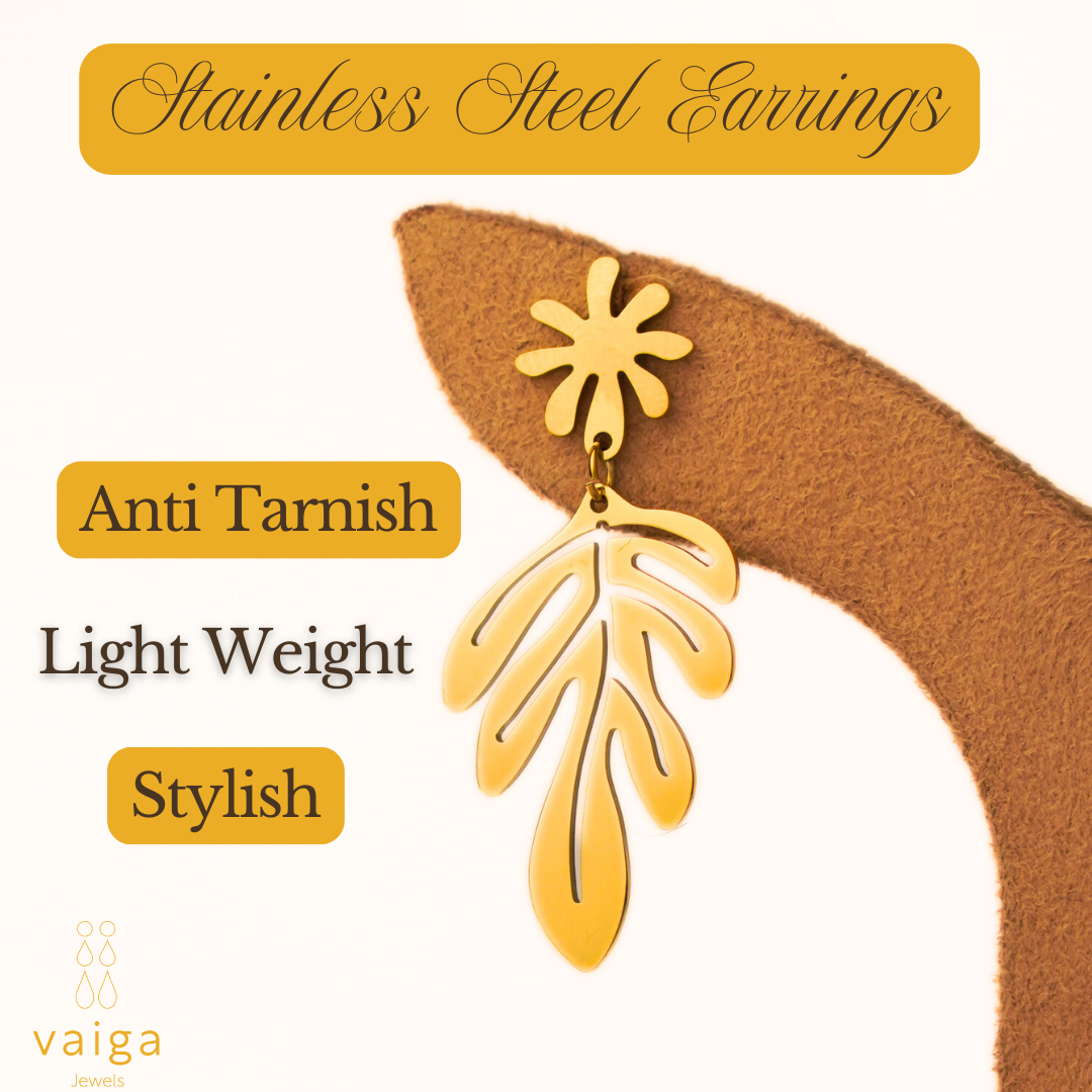 Gold Tropical Leaf Dangle Earrings – Stylish Stainless Steel Statement Earrings for Women