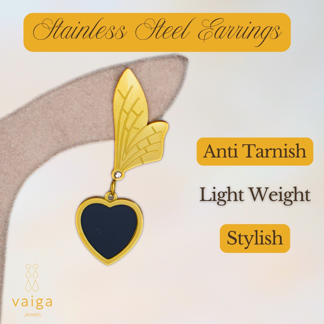 Gold & Black Heart Dangle Earrings – Elegant Stainless Steel Wing Drop Earrings for Women