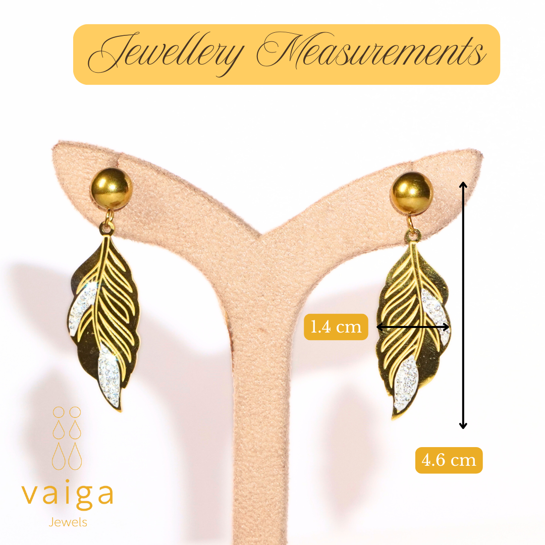 Gold Plated Leaf Drop Earrings with Crystal Accents – Vaiga Jewels