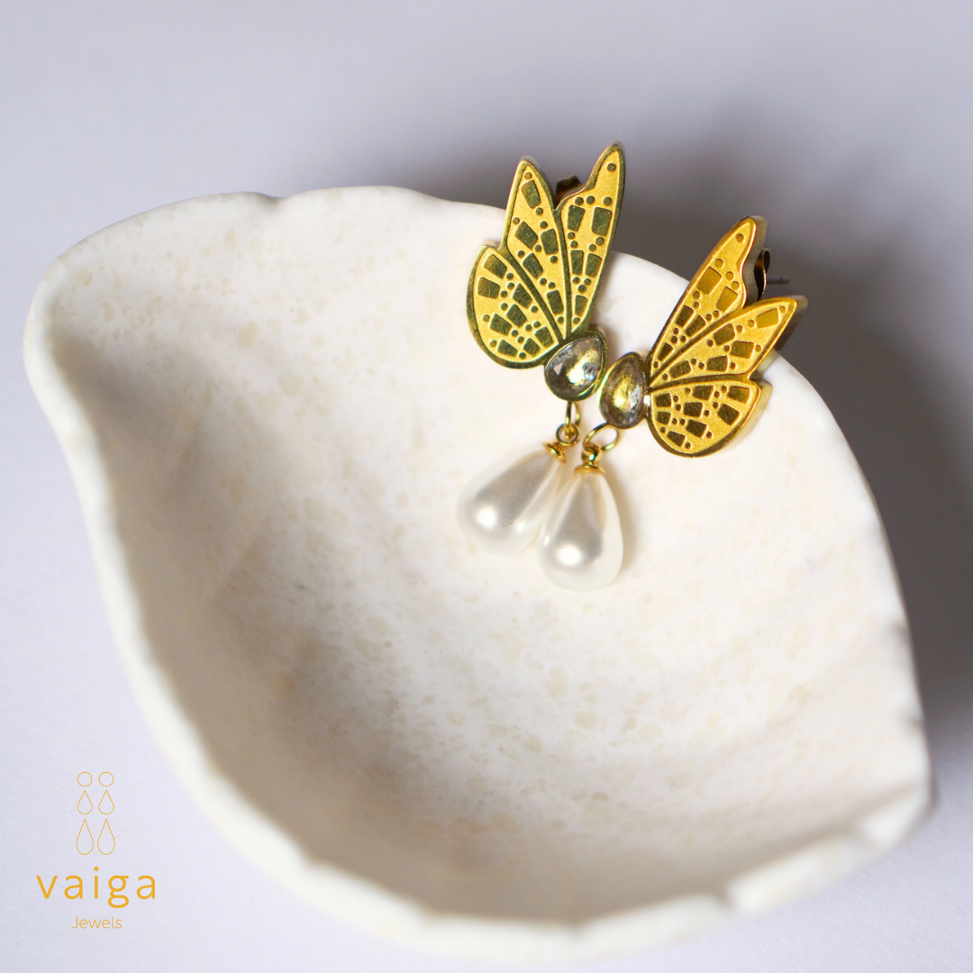 Elegant Butterfly Drop Earrings | Gold-Plated with Pearl & Crystal – Vaiga Jewels