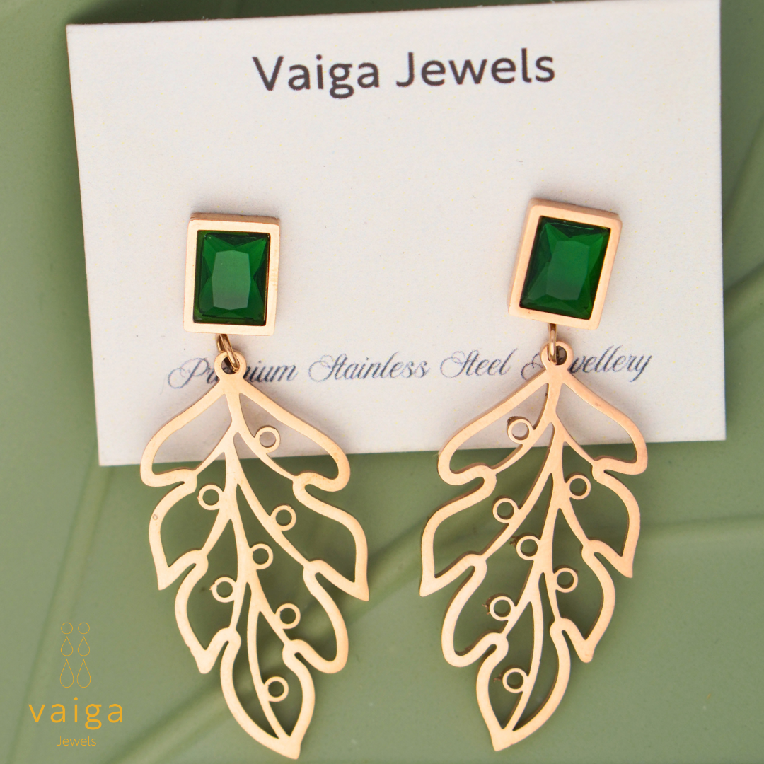 Gold Plated Leaf Drop Earrings with Green Stone – Elegant Lightweight Dangle Earrings for Women