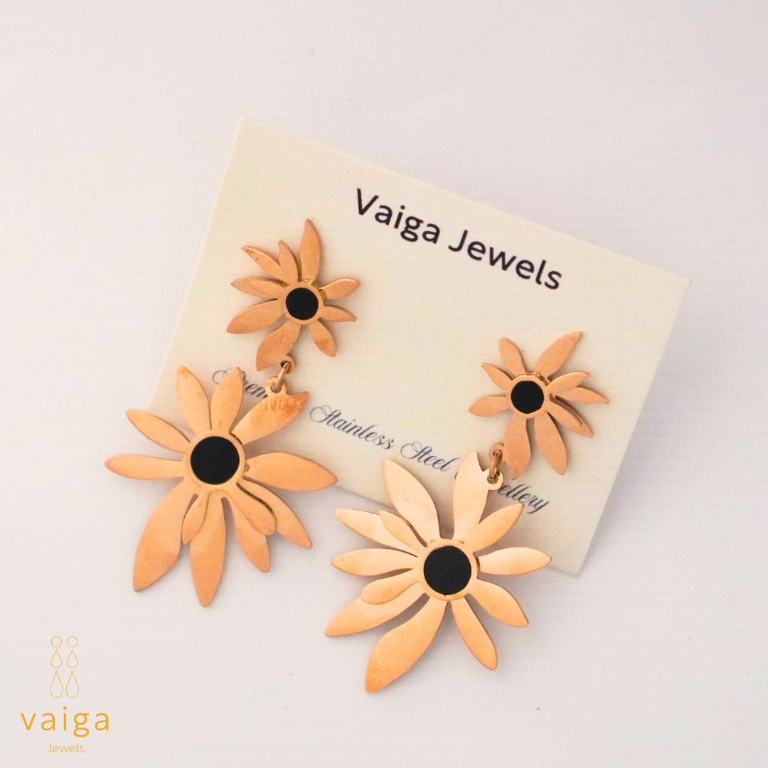 Rose Gold Floral Dangle Earrings – Elegant Stainless Steel Sunflower Drop Earrings for Women