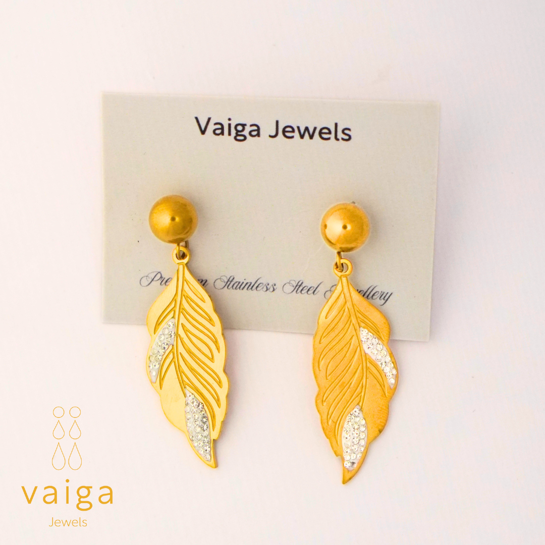 Gold Plated Leaf Drop Earrings with Crystal Accents – Vaiga Jewels