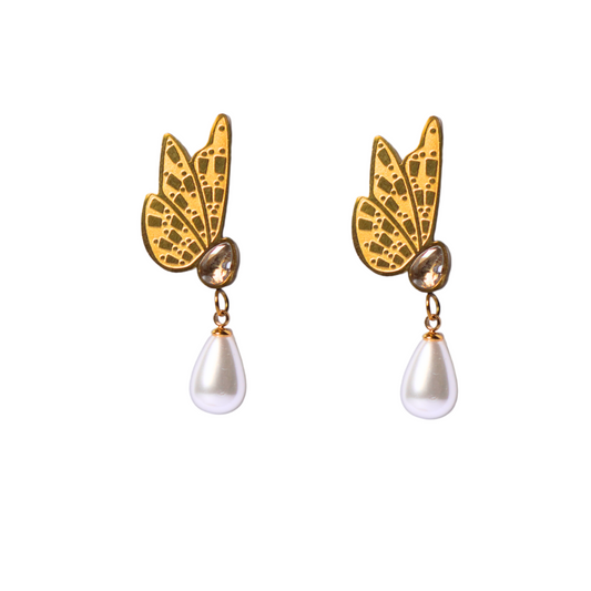 Elegant Butterfly Drop Earrings | Gold-Plated with Pearl & Crystal – Vaiga Jewels