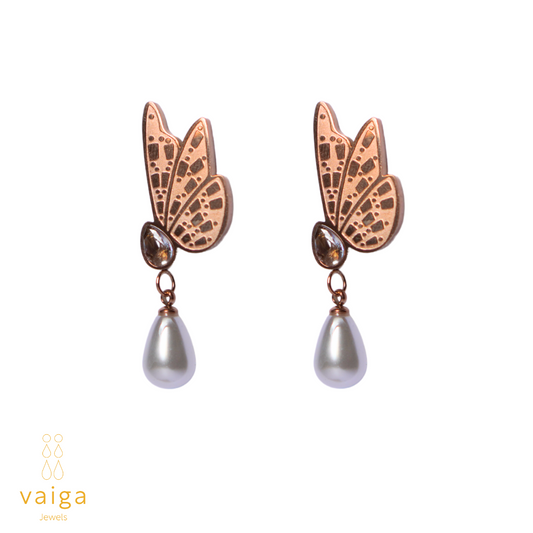 Rose Gold Butterfly Wing Earrings with Pearl Drop – Vaiga Jewels