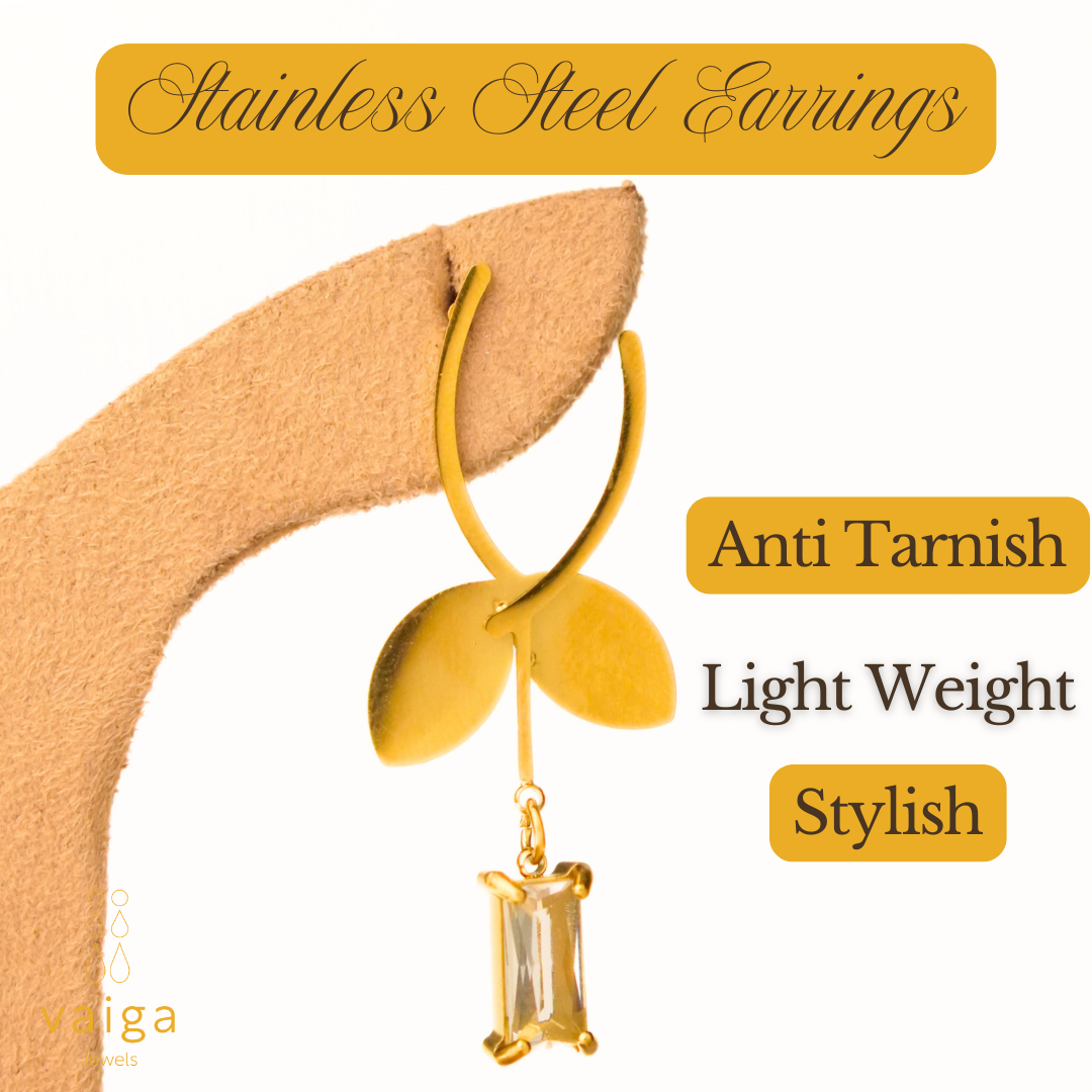 Gold Plated Leaf Drop Earrings with Crystal Charm – Elegant Lightweight Dangle Earrings for Women