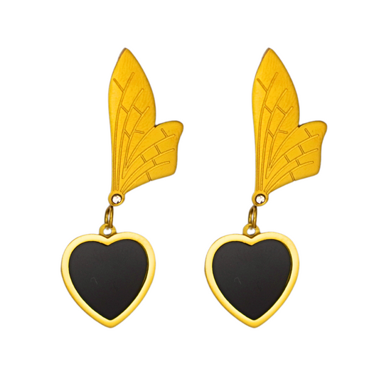 Gold & Black Heart Dangle Earrings – Elegant Stainless Steel Wing Drop Earrings for Women