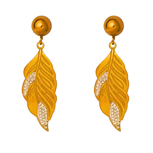 Gold Plated Leaf Drop Earrings with Crystal Accents – Vaiga Jewels