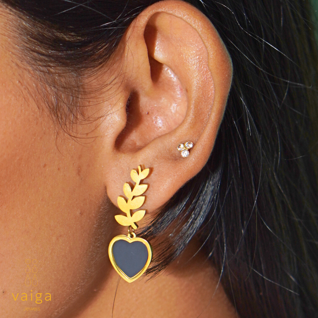 Gold Plated Heart Dangle Earrings – Elegant Leaf Design