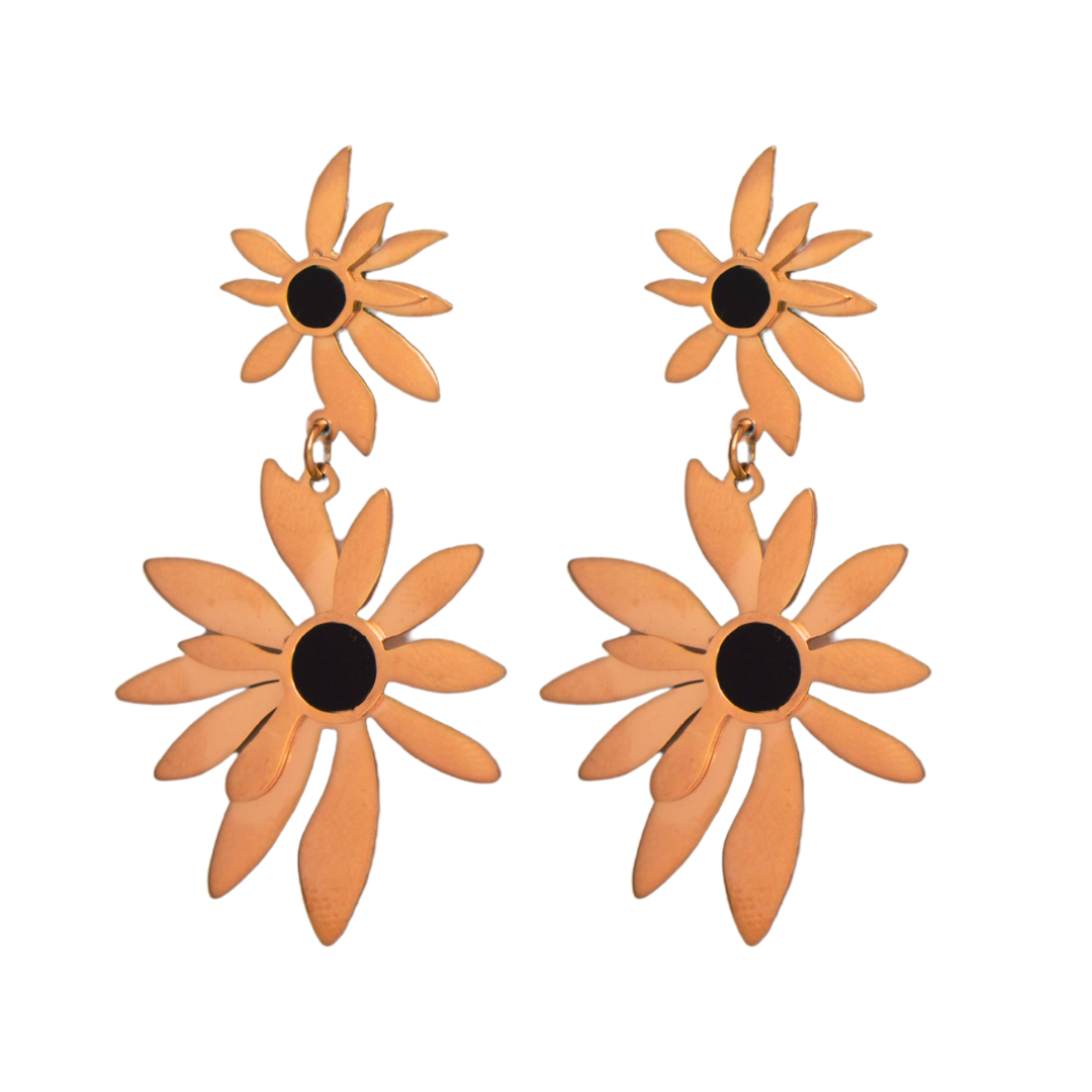 Rose Gold Floral Dangle Earrings – Elegant Stainless Steel Sunflower Drop Earrings for Women