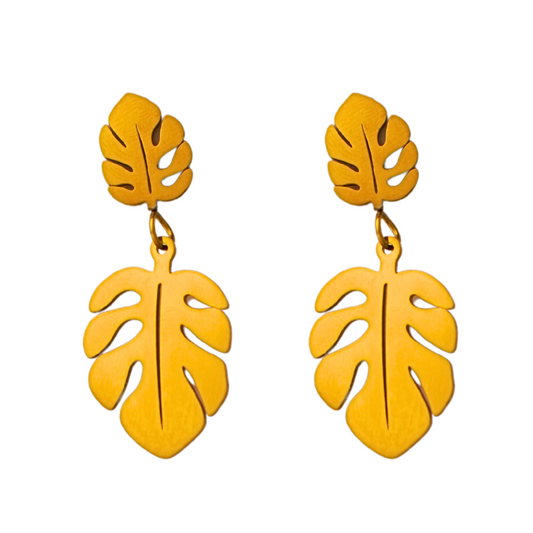 Gold Monstera Leaf Dangle Earrings – Trendy Stainless Steel Tropical Earrings for Women