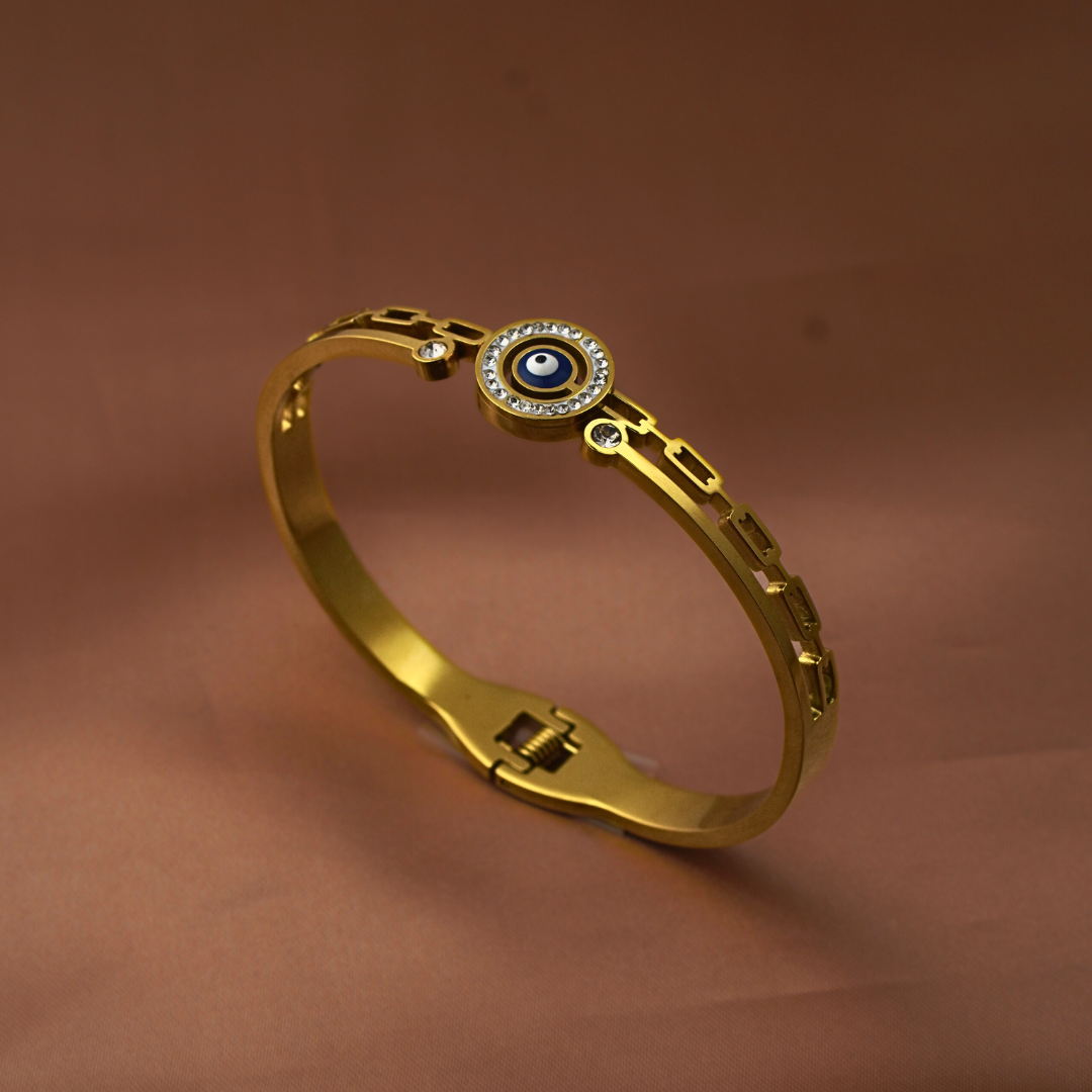 Gold-Plated Evil Eye Bangle Bracelet – Stylish & Protective Accessory