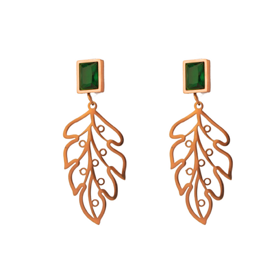 Gold Plated Leaf Drop Earrings with Green Stone – Elegant Lightweight Dangle Earrings for Women