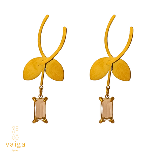 Gold Plated Leaf Drop Earrings with Crystal Charm – Elegant Lightweight Dangle Earrings for Women