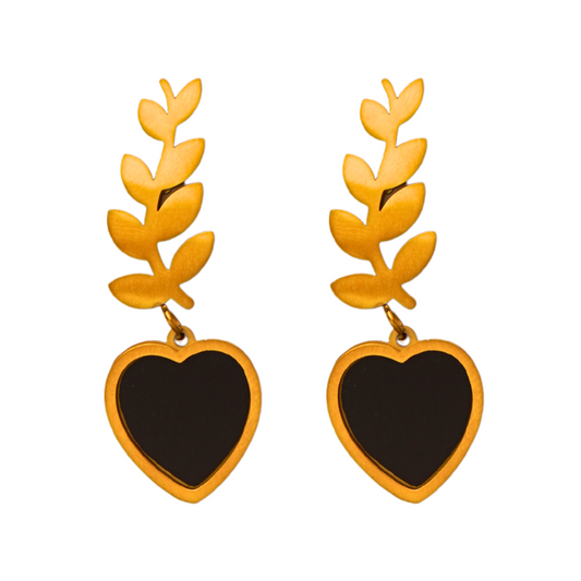 Gold Plated Heart Dangle Earrings – Elegant Leaf Design