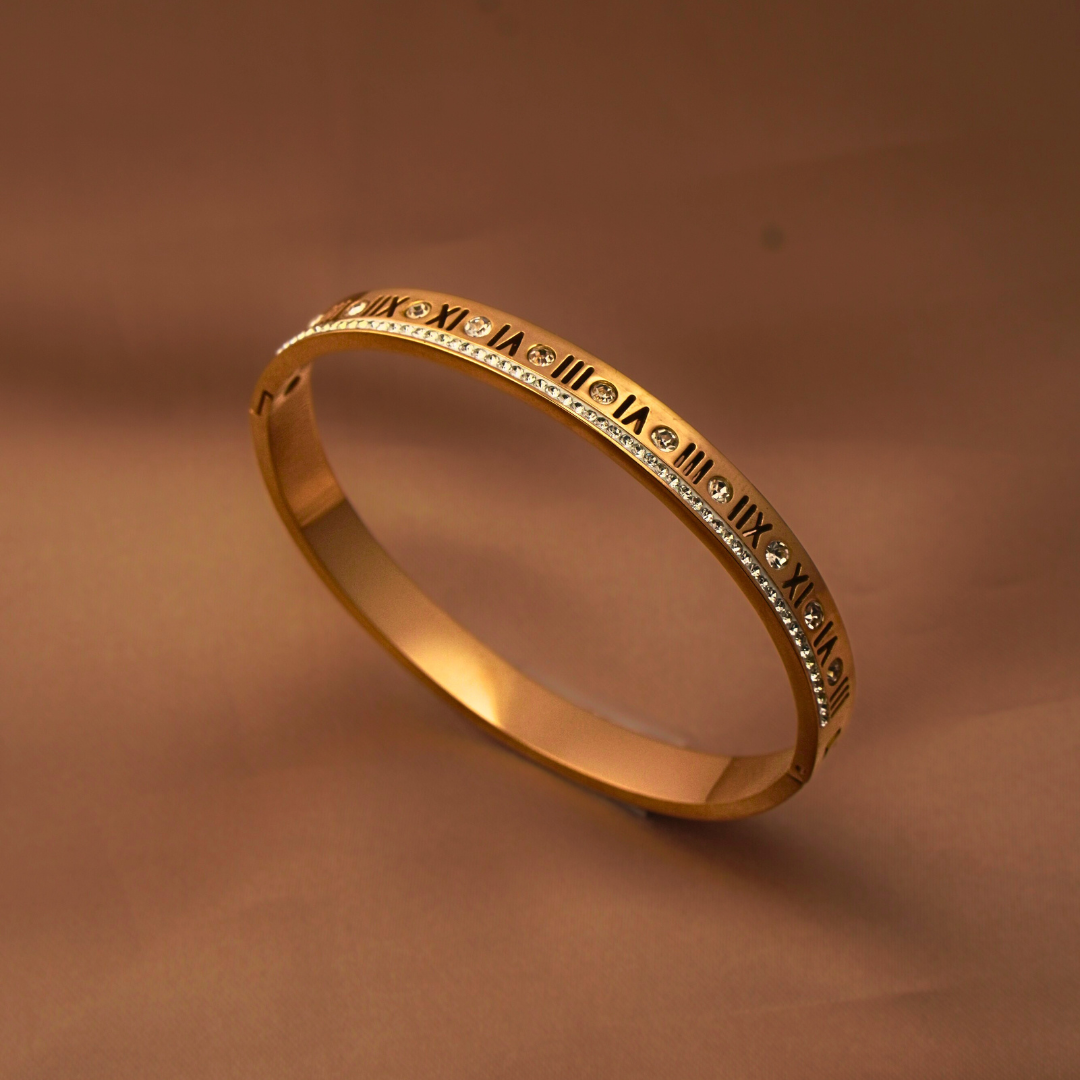 Vaiga Jewels Rose Gold Roman Numeral Bangle Bracelet | Crystal Studded Elegant Jewelry Gift for Women