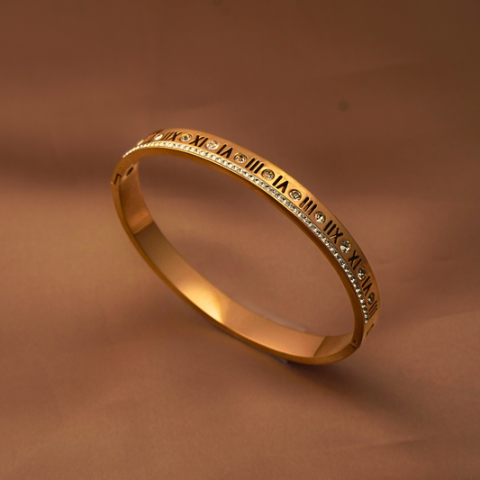 Vaiga Jewels Rose Gold Roman Numeral Bangle Bracelet | Crystal Studded Elegant Jewelry Gift for Women